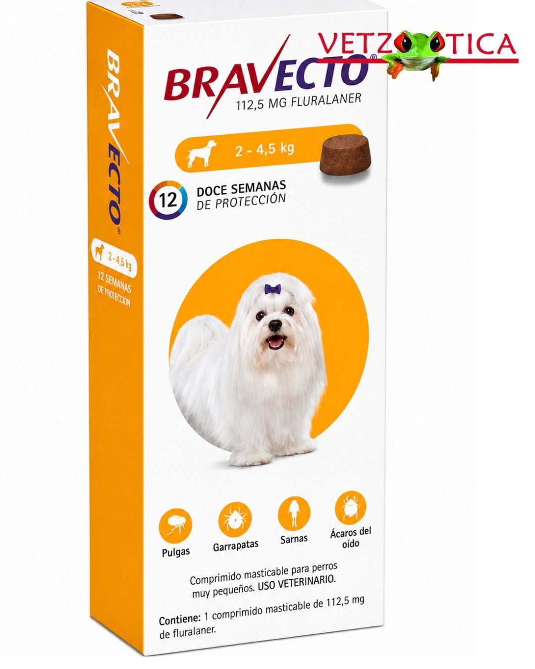 Caja de comida para perros Vetzootica Bravo, blanca y naranja, con la imagen de un perrito blanco.