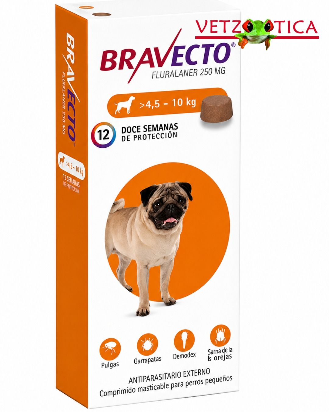 Caja de comida para perros Vetzootica Bravo, blanca y naranja, con la imagen de un perrito blanco.