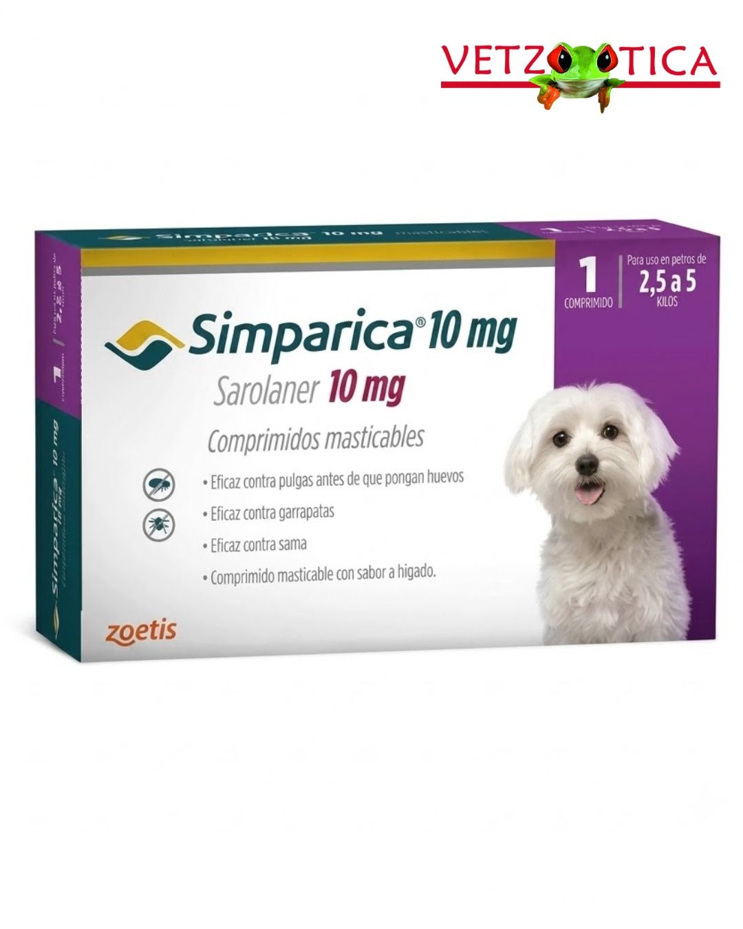 Caja de tratamiento antipulgas para perros Simparica 10 mg con imagen de un perro blanco sobre fondo blanco.