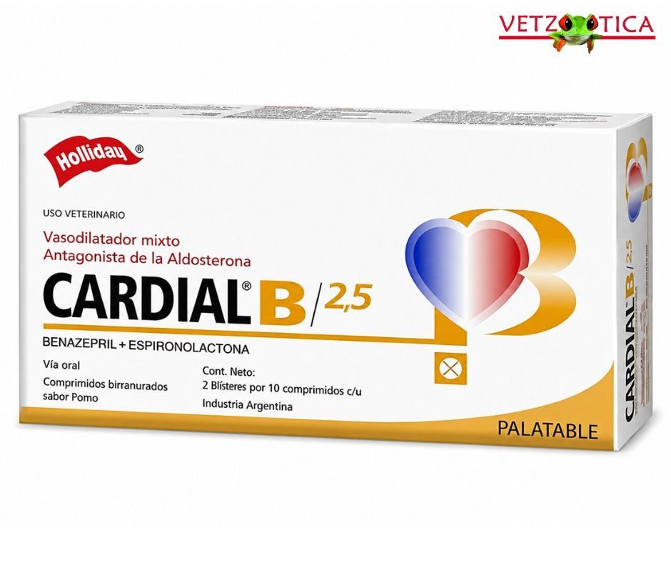 Caja para medicamentos veterinarios CardiBAL 2,5, blanca con detalles naranjas y logotipo en forma de corazón.
