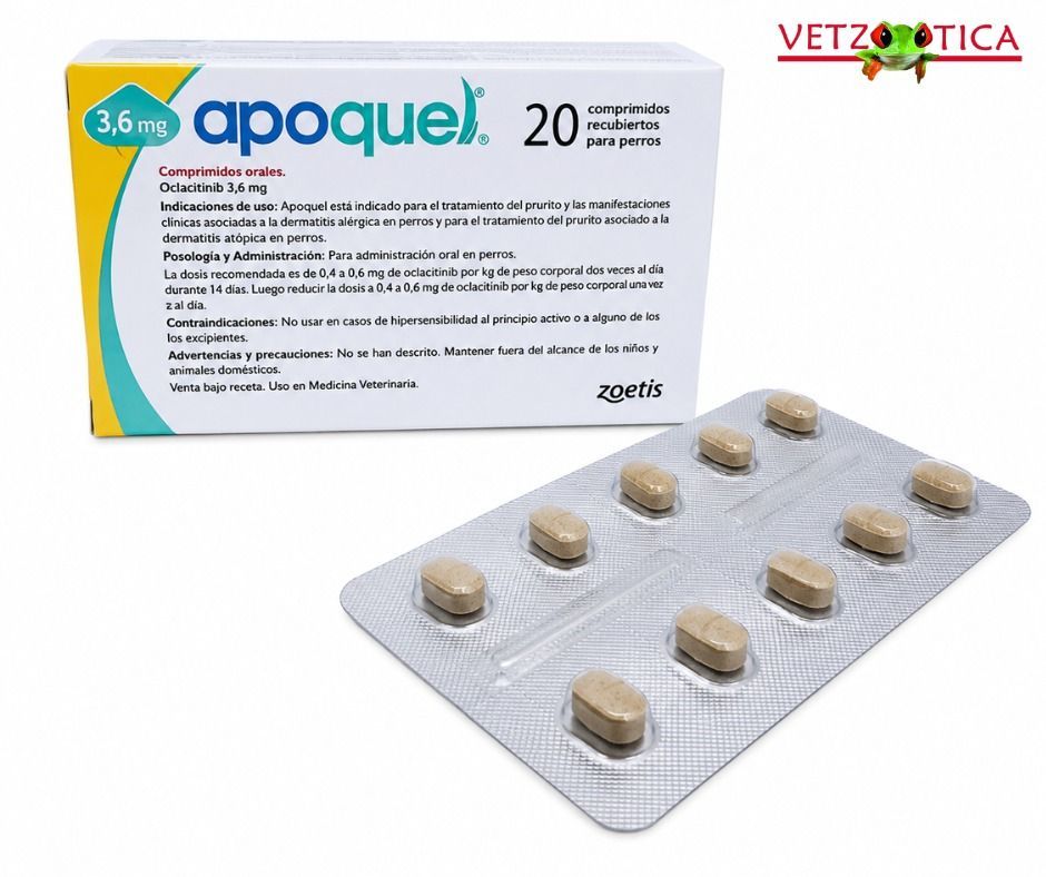 Apqaquel 3,6 mg, caja y blíster de comprimidos para uso veterinario.