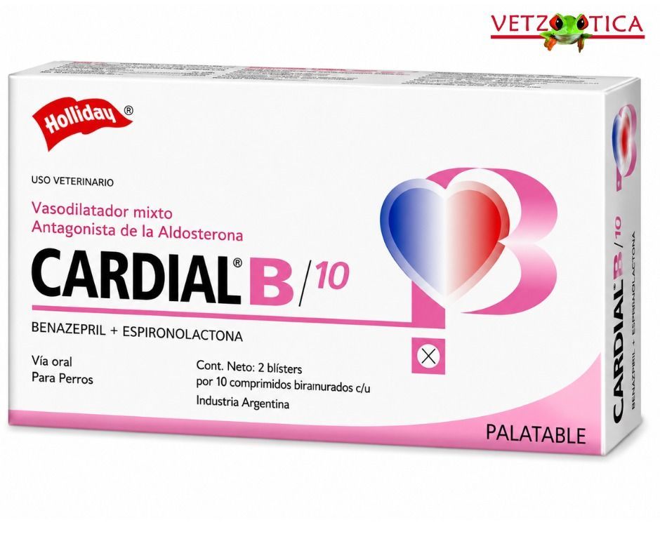 Caja para medicamentos veterinarios CardiBAL 2,5, blanca con detalles naranjas y logotipo en forma de corazón.