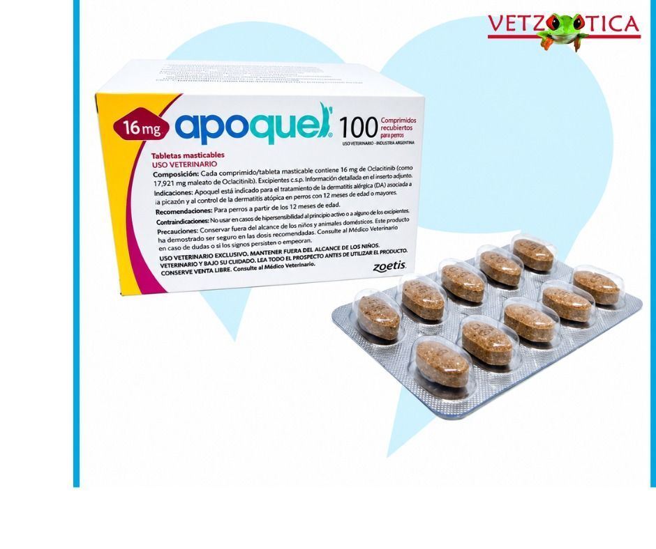 Caja de medicamento veterinario Apoquel de 16 mg y 100 mg con comprimidos envasados ​​en blíster sobre fondo blanco.