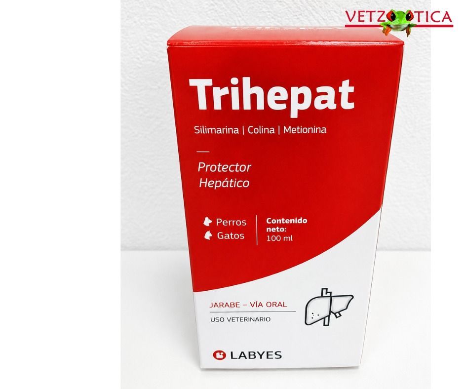 Caja roja de suplemento hepático para mascotas Trihepat con la mitad inferior blanca e iconos de perros/gatos.