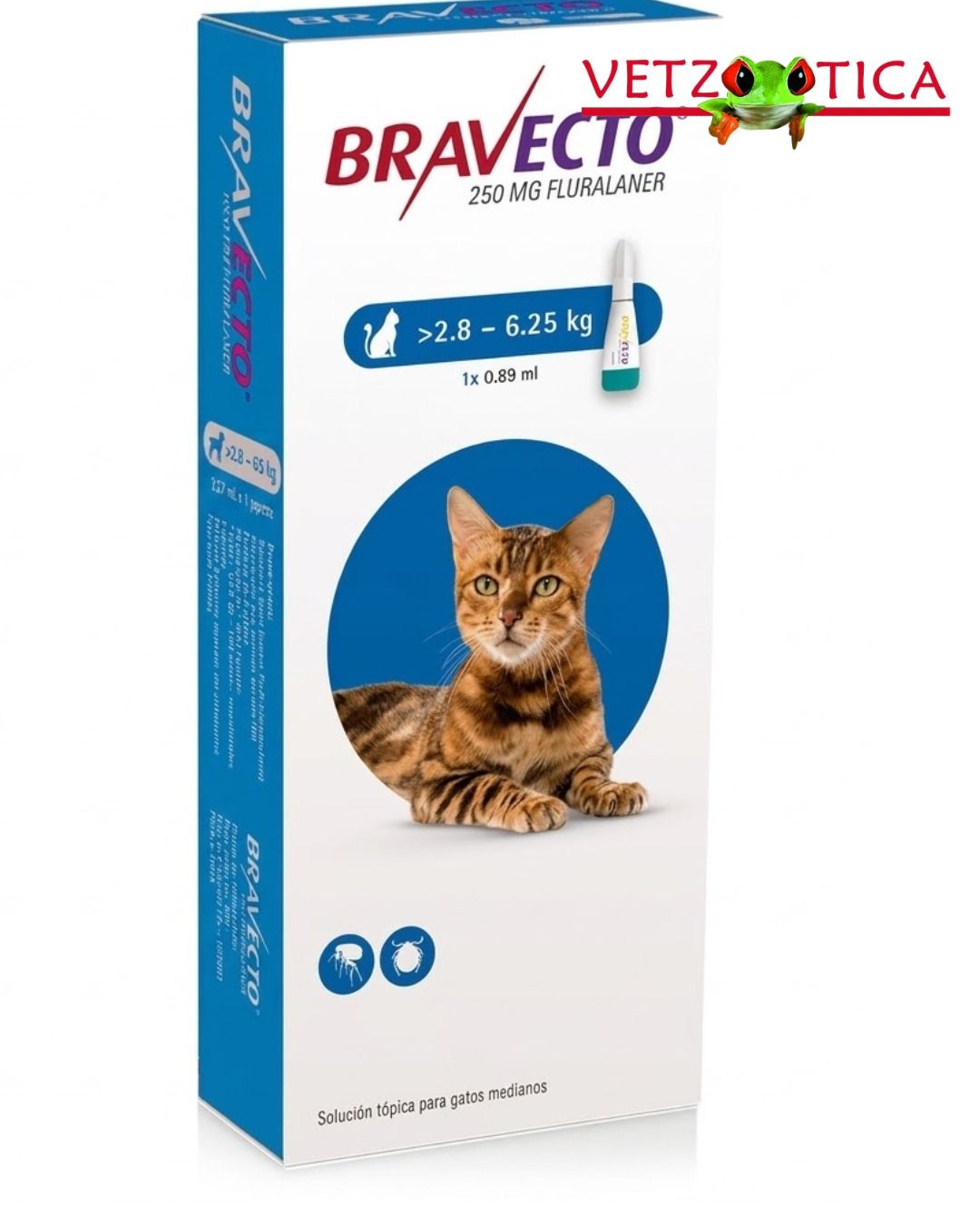 Caja de tratamiento antipulgas para gatos Bravecto VetZoetica con un gatito en el envase blanco y verde.