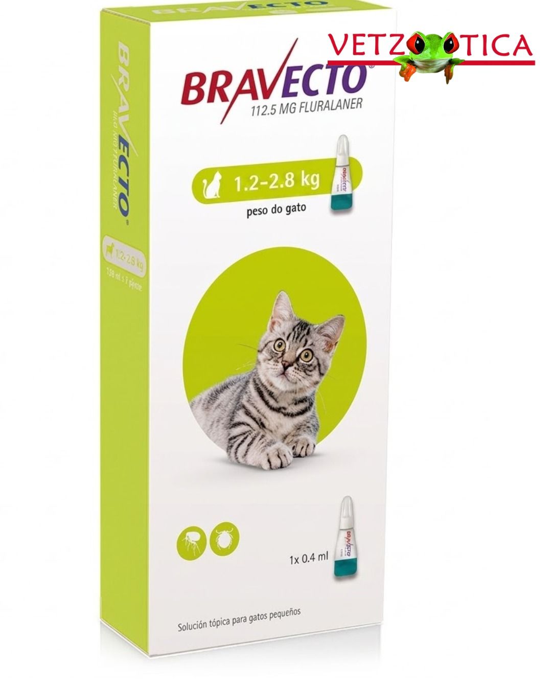 Caja de tratamiento antipulgas para gatos Bravecto VetZoetica con un gatito en el envase blanco y verde.