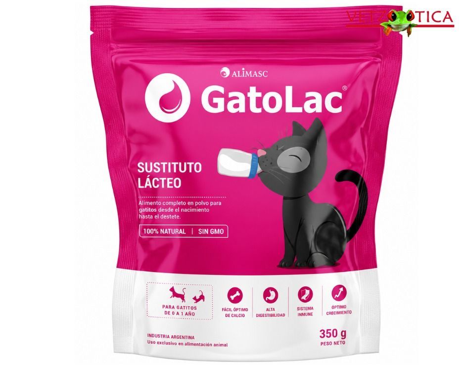 Bolsa rosa de GatoLac, sustituto de leche para gatos, con ilustración de un gato negro.