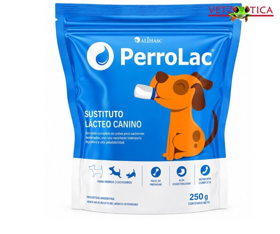 Bolsita azul de leche de fórmula para cachorros PerroLac con dibujo de un perro, etiqueta de 250 g y base blanca.
