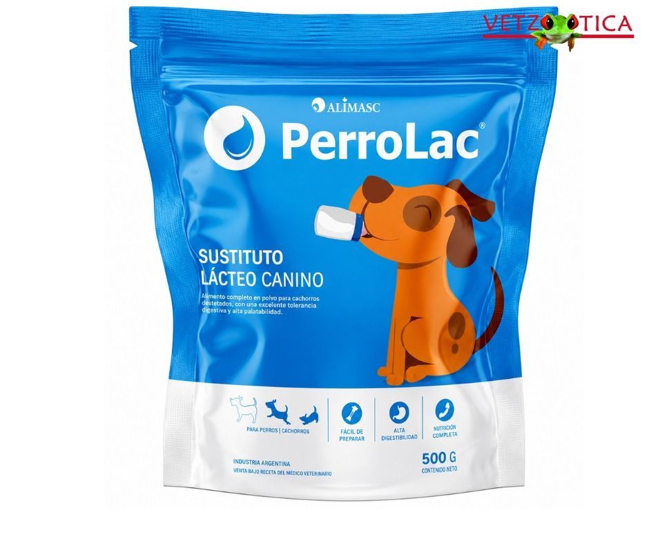 Bolsita azul de leche de fórmula para cachorros PerroLac con dibujo de un perro, etiqueta de 250 g y base blanca.