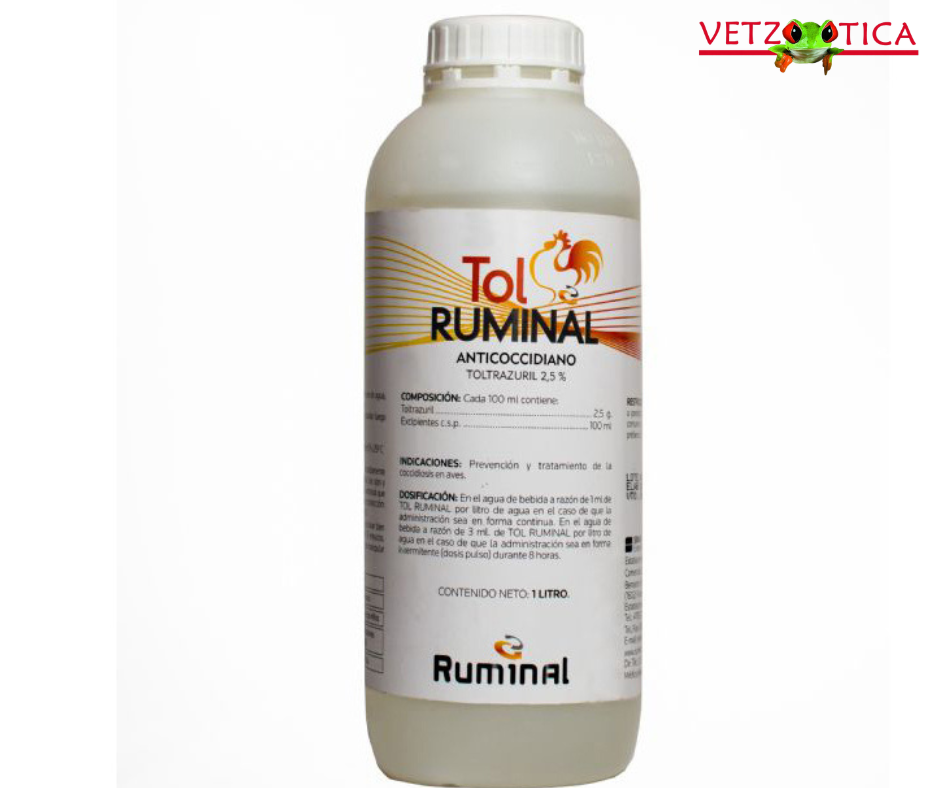 Botella blanca de suplemento veterinario Tol Ruminal con etiqueta amarilla y naranja sobre fondo blanco.