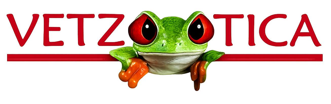 Logotipo de VETZOCTICA con una rana verde en una rama entre letras y líneas rojas.