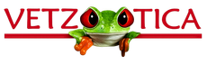 Logotipo de VETZOOTICA con una rana verde posada sobre la palabra, texto rojo y subrayado.