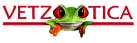 Logotipo de VETZOOTICA con una rana verde posada sobre la palabra, texto rojo y subrayado.