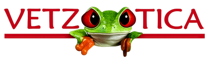 Logotipo de VETZOOTICA con una rana verde posada sobre la palabra, texto rojo y subrayado.