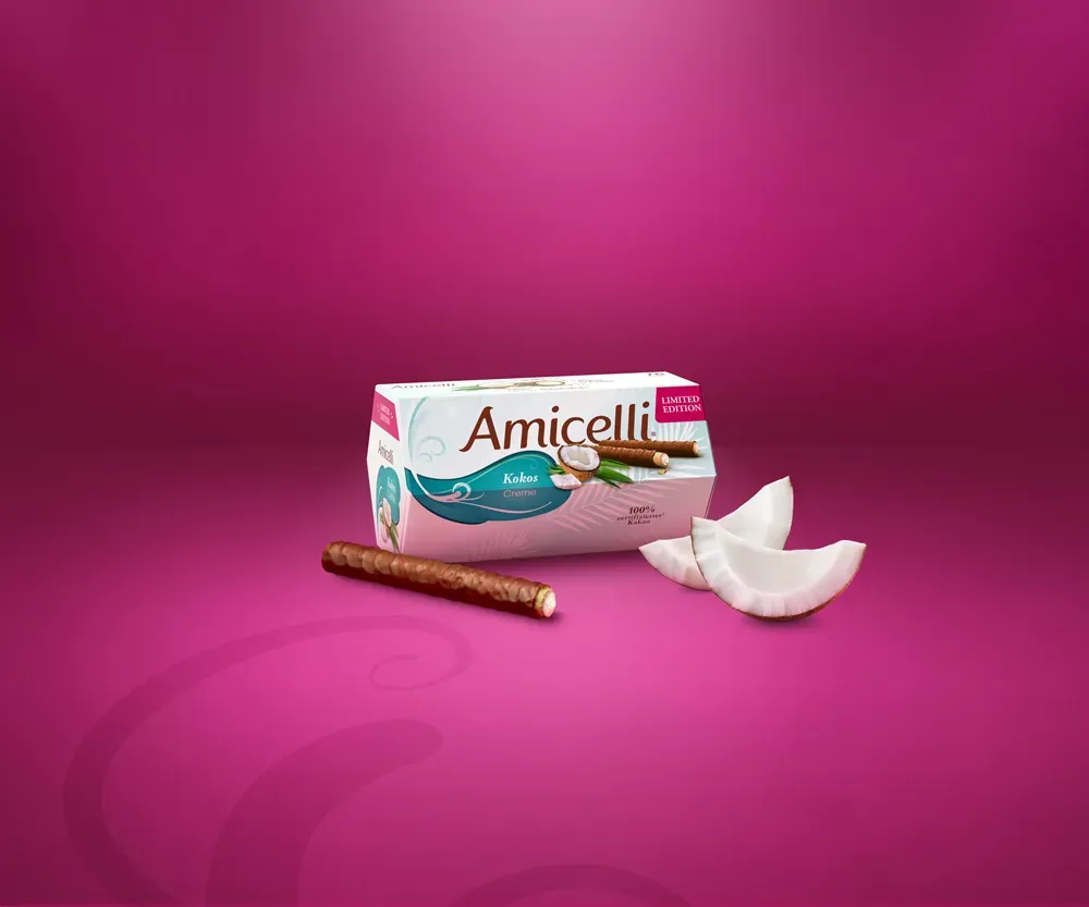 Amicell box with rolled wafers and coconut on a pink gradient background