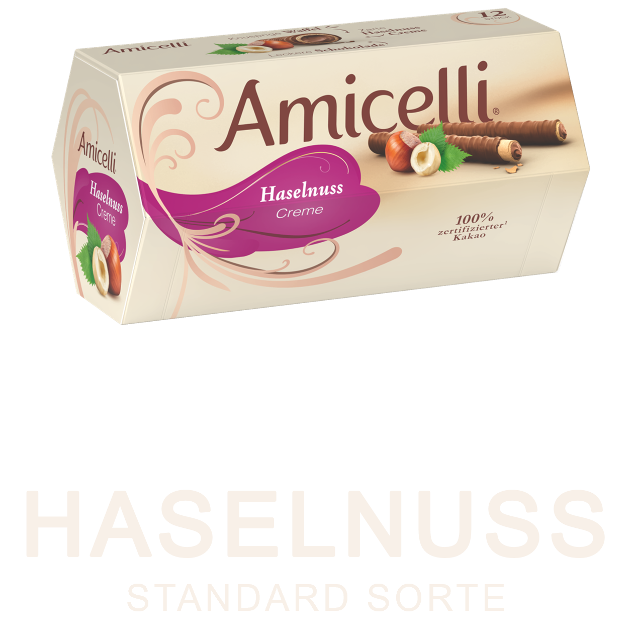 Amicelli Haselnuss Box auf violettem Hintergrund