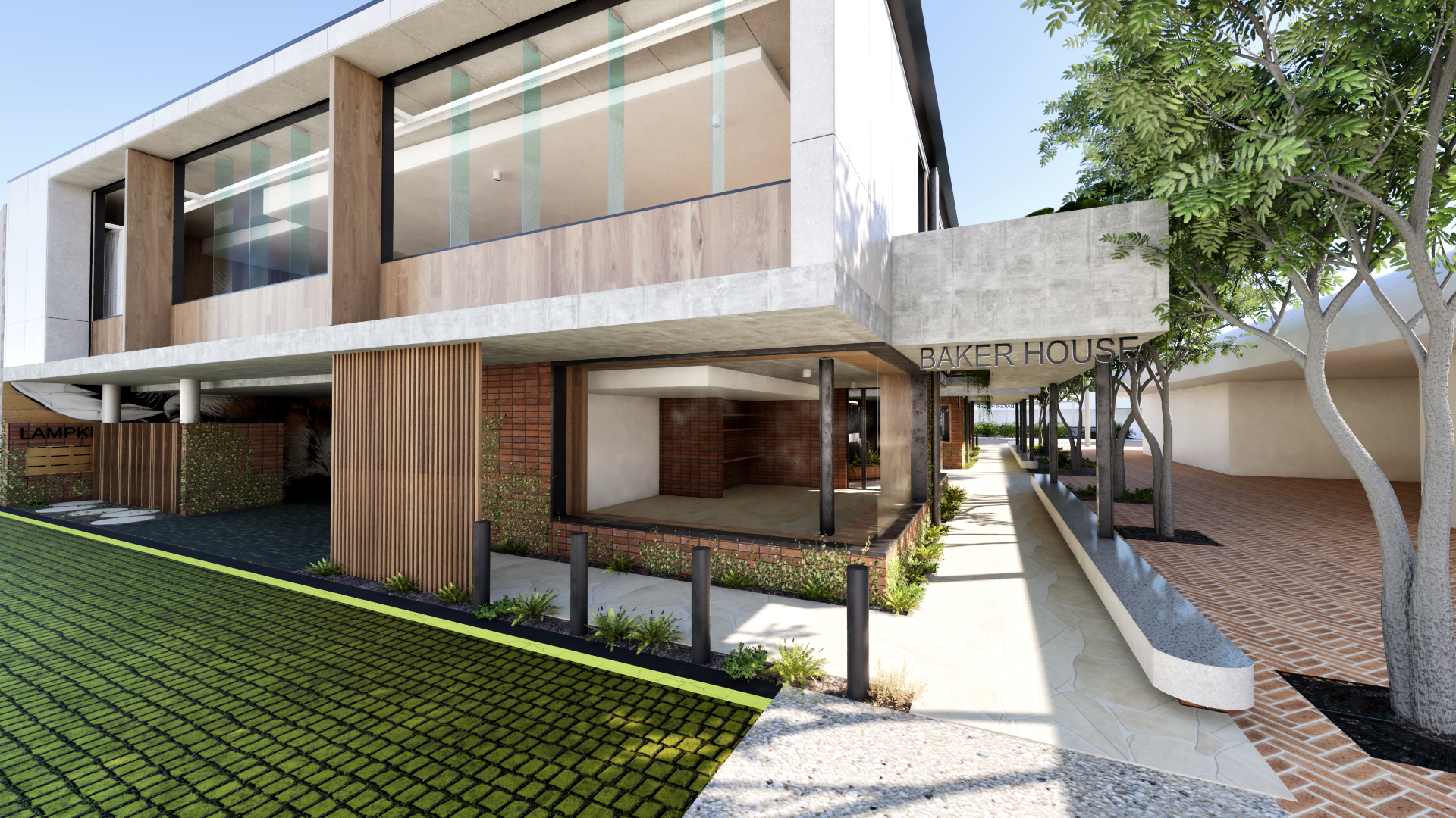 Contemporary commercial architecture with concrete design, greenery and walkway.