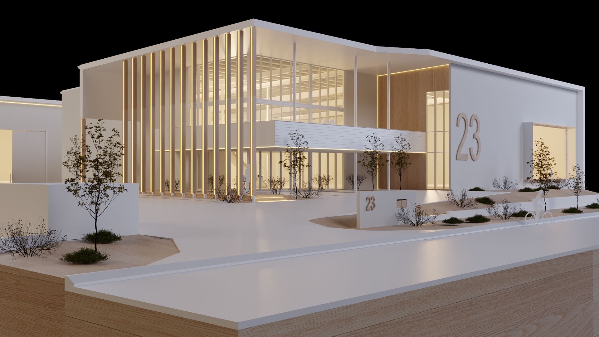 A modern white building with vertical wood slats, glowing interior lights, and the number 23 on the front wall.