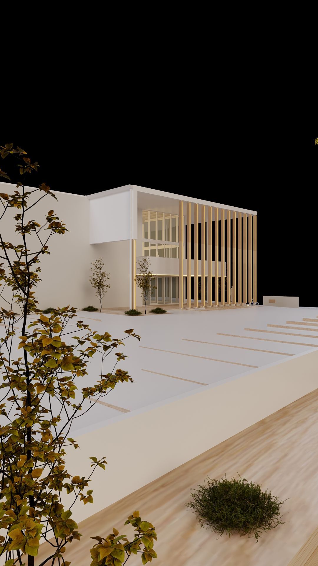A modern building model featuring a clean white facade and a wooden slatted structure, set against a dark background.