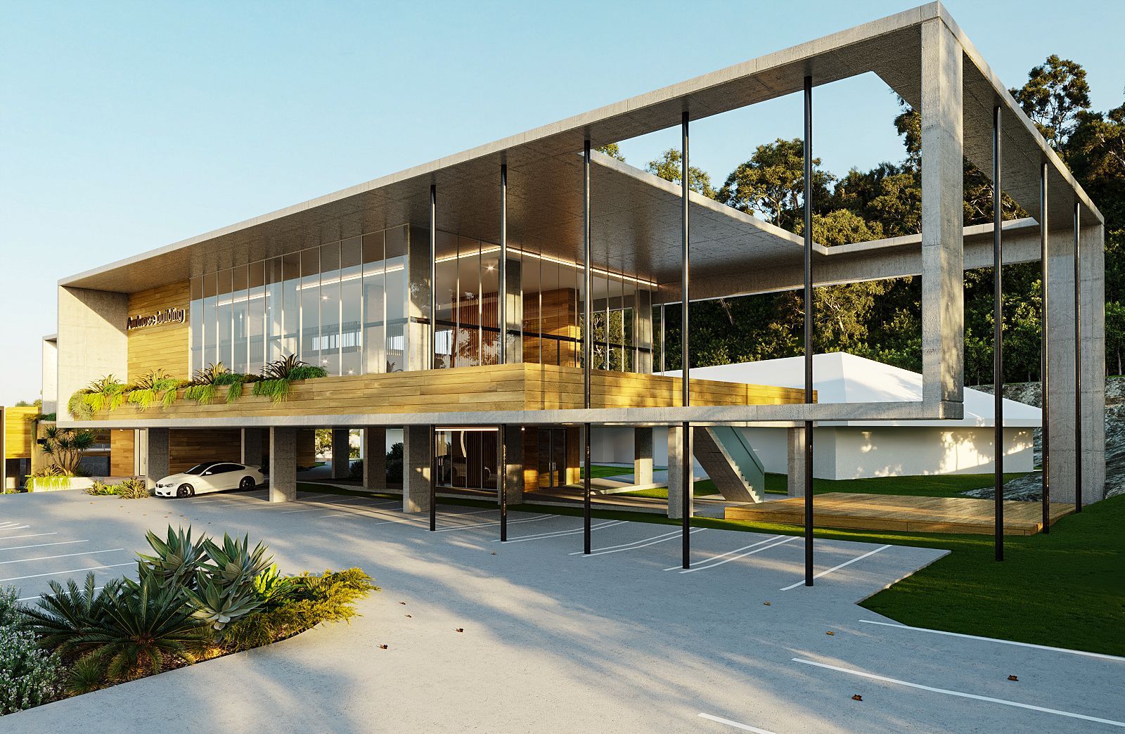 A modern, multi-story house with a flat roof, large glass walls, and an open, pillar-supported lower level near a forest.