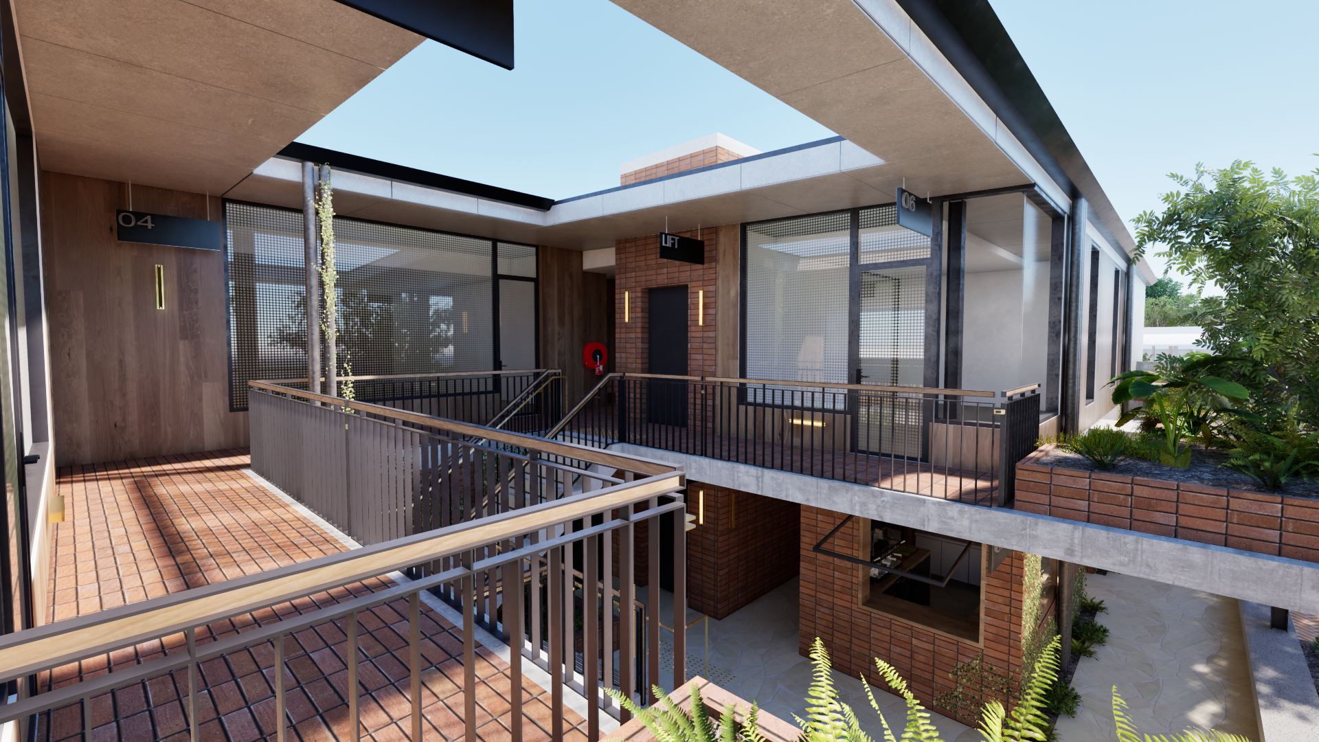 Modern office interior courtyard with open skylight, brick walls, glass partitions and metal railings.