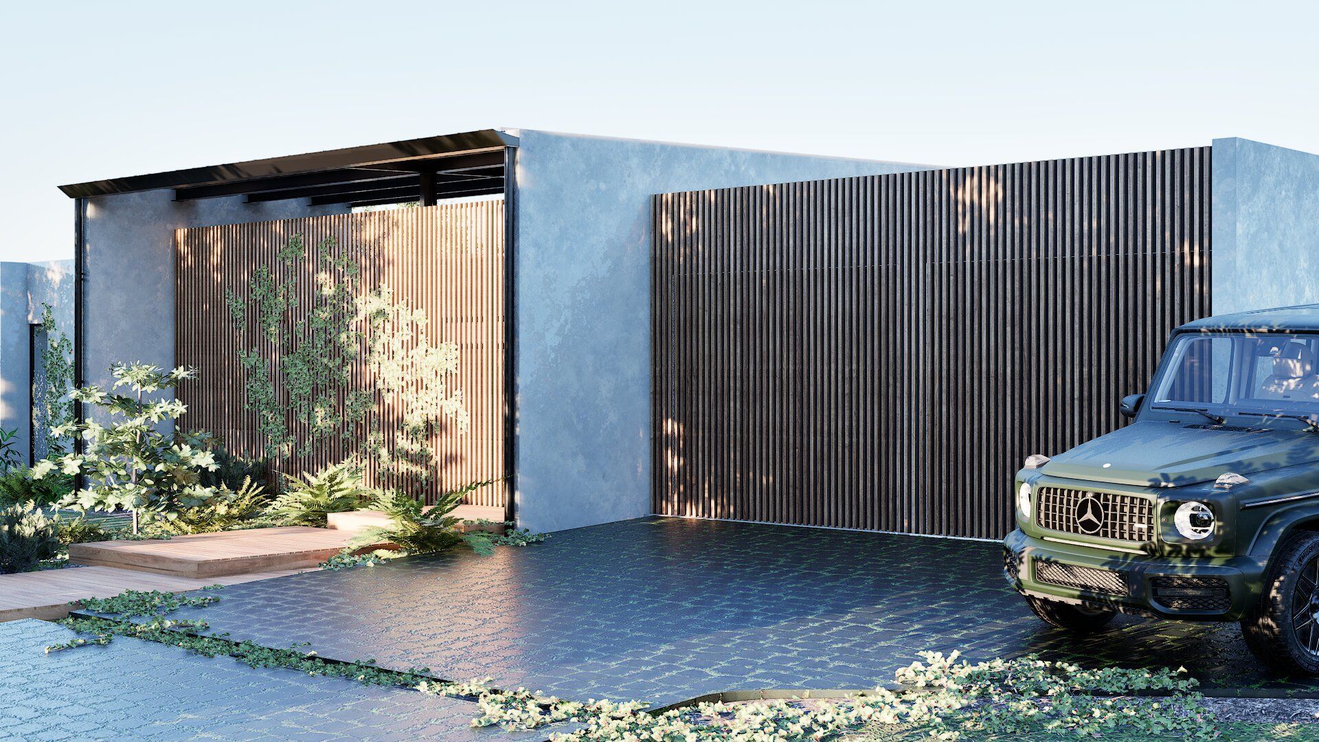 A modern home with concrete walls and dark wooden slats, featuring a green SUV parked on a paved driveway.
