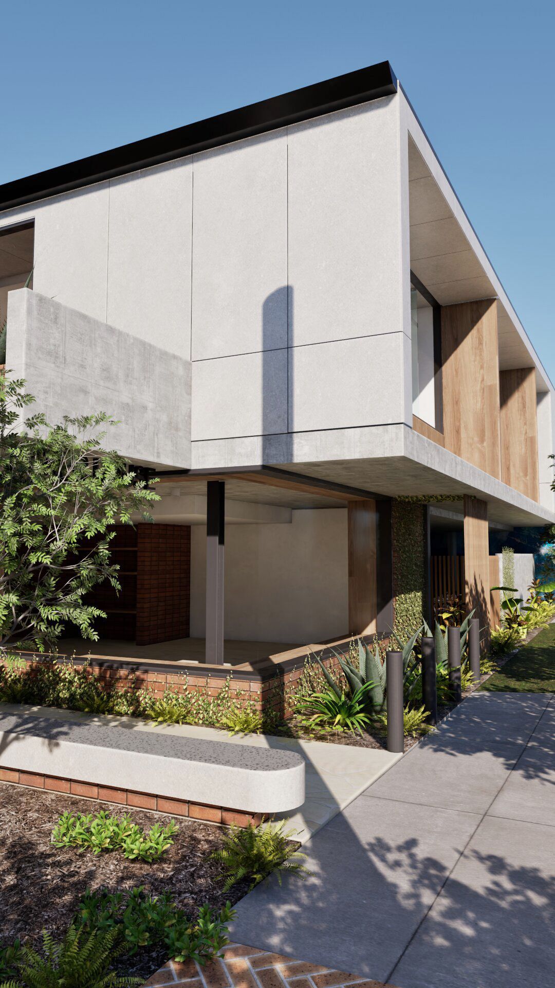 Modern office building exterior with concrete facade, cantilever design and landscaped walkway.