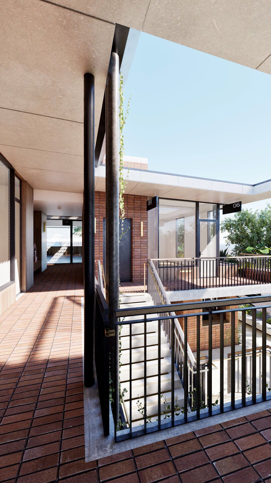 Modern office interior corridor with open courtyard, brick flooring, metal railings and natural light.