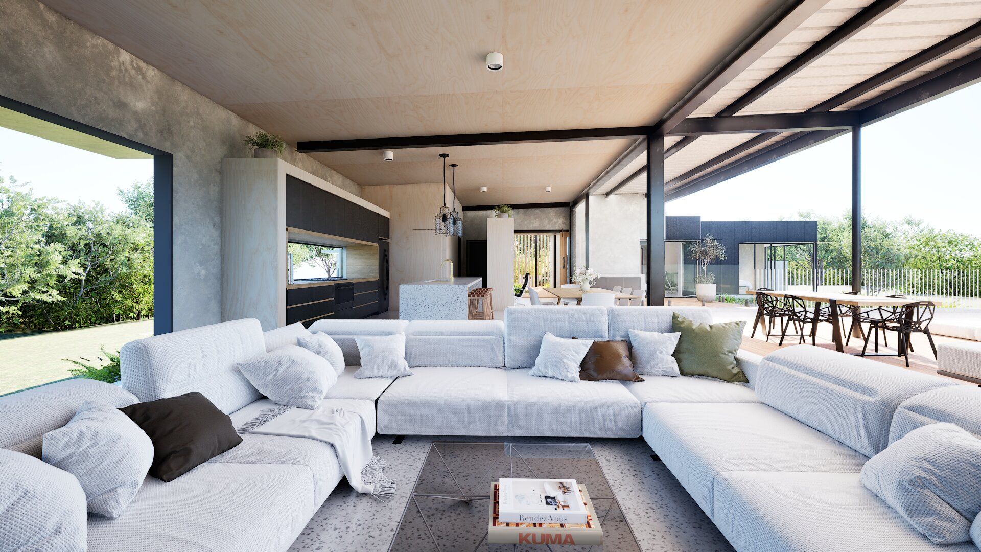 open plan home with seamless indoor outdoor connection and deck.
