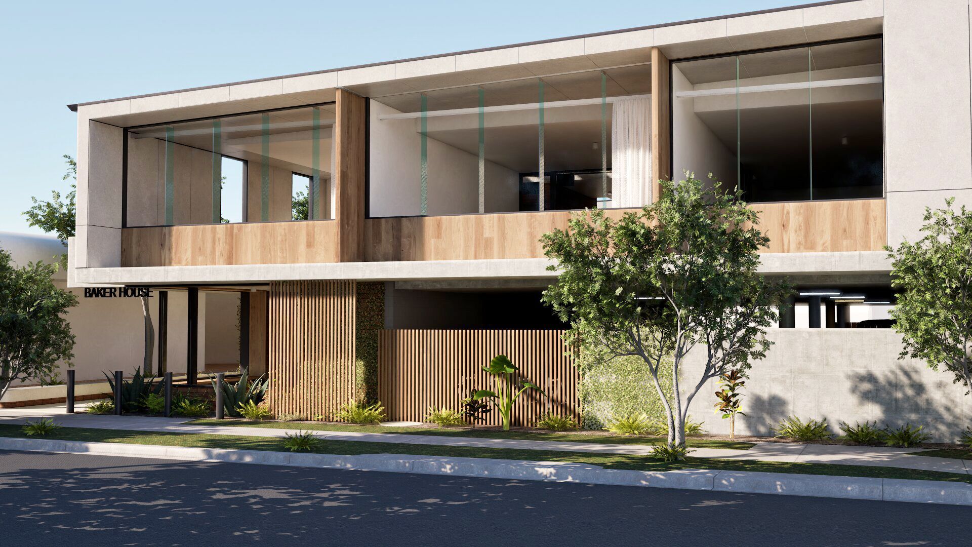 Modern commercial office building with wood facade, glass windows and landscaped exterior.