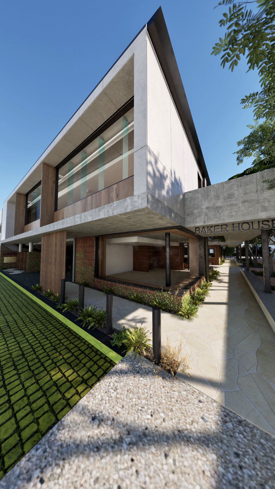 Modern office building exterior with concrete facade, glass windows and landscaped pathway at Baker House.