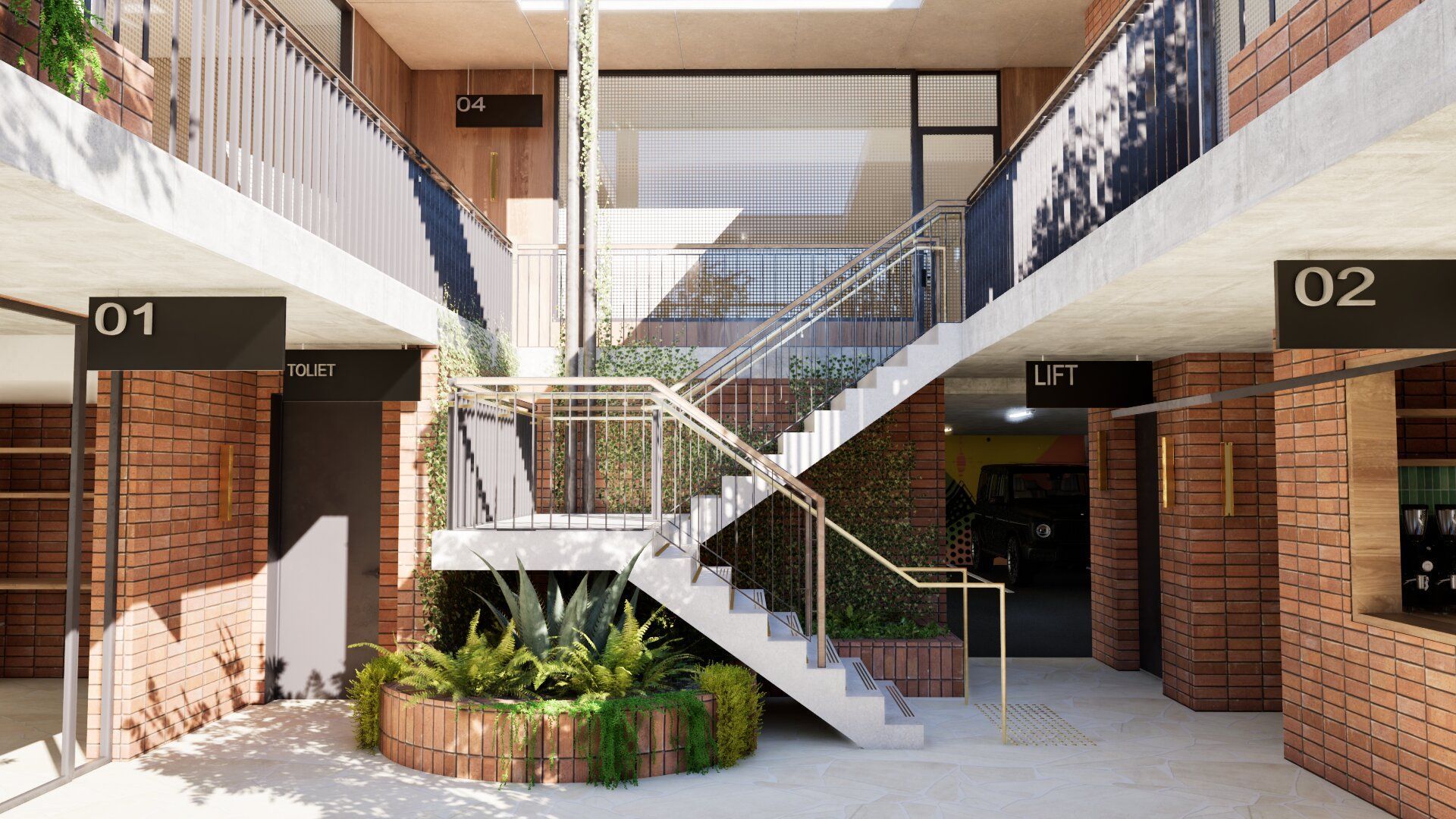 Modern office interior courtyard with staircase, brick walls, signage and indoor greenery
