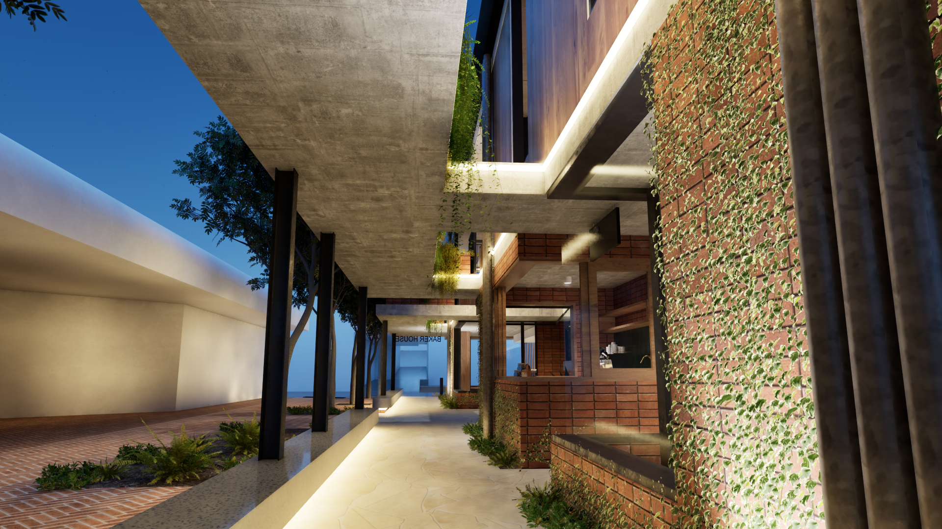 Modern commercial office building with wood facade, glass windows and landscaped exterior.