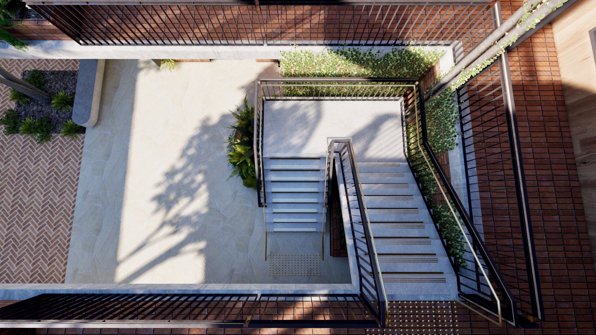 contemporary courtyard design with tiered staircase concrete flooring and brick walls.