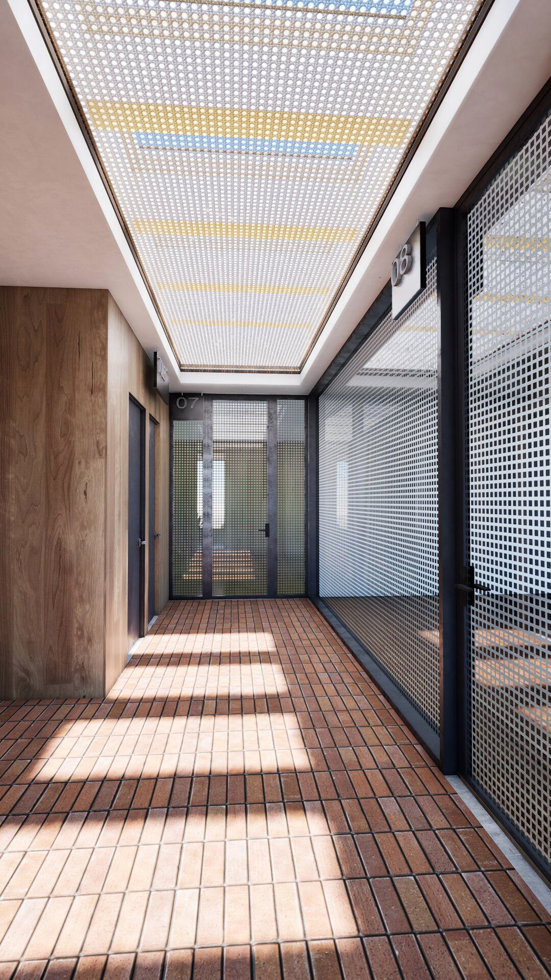 brick flooring corridor design modern interior glass wall office.