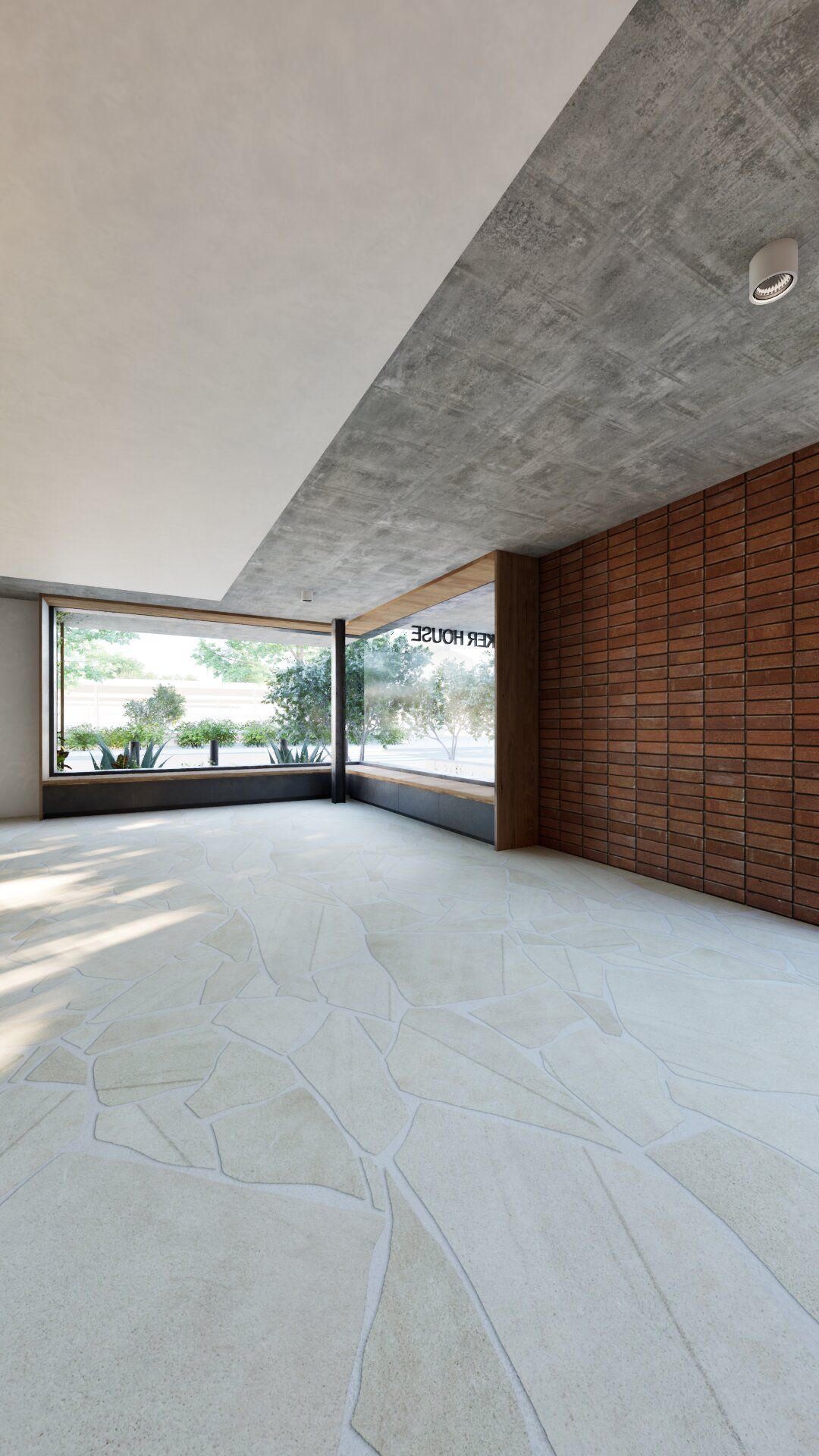 modern interior design Australia with concrete ceiling wood panel wall and stone flooring.