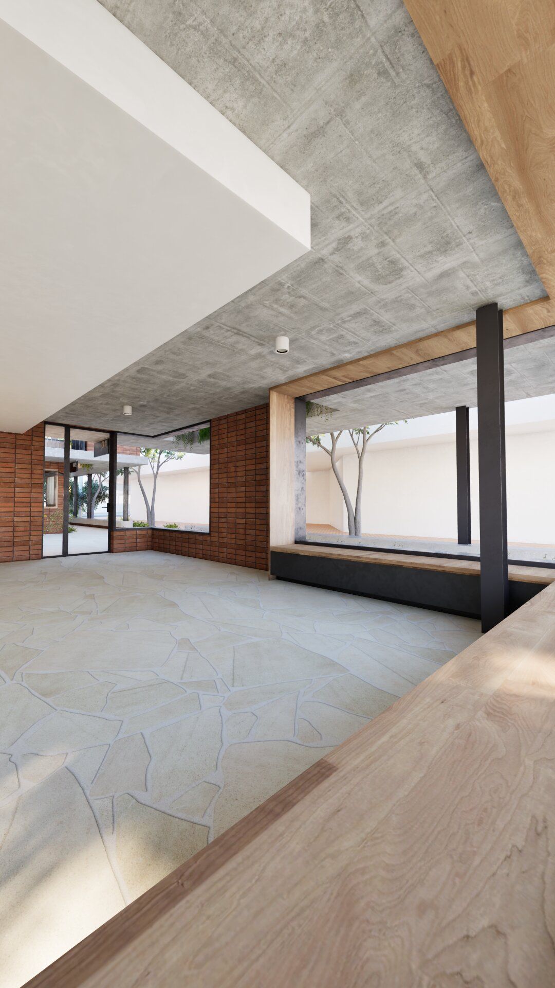 contemporary living room design with exposed concrete ceiling brick walls and window bench seating.