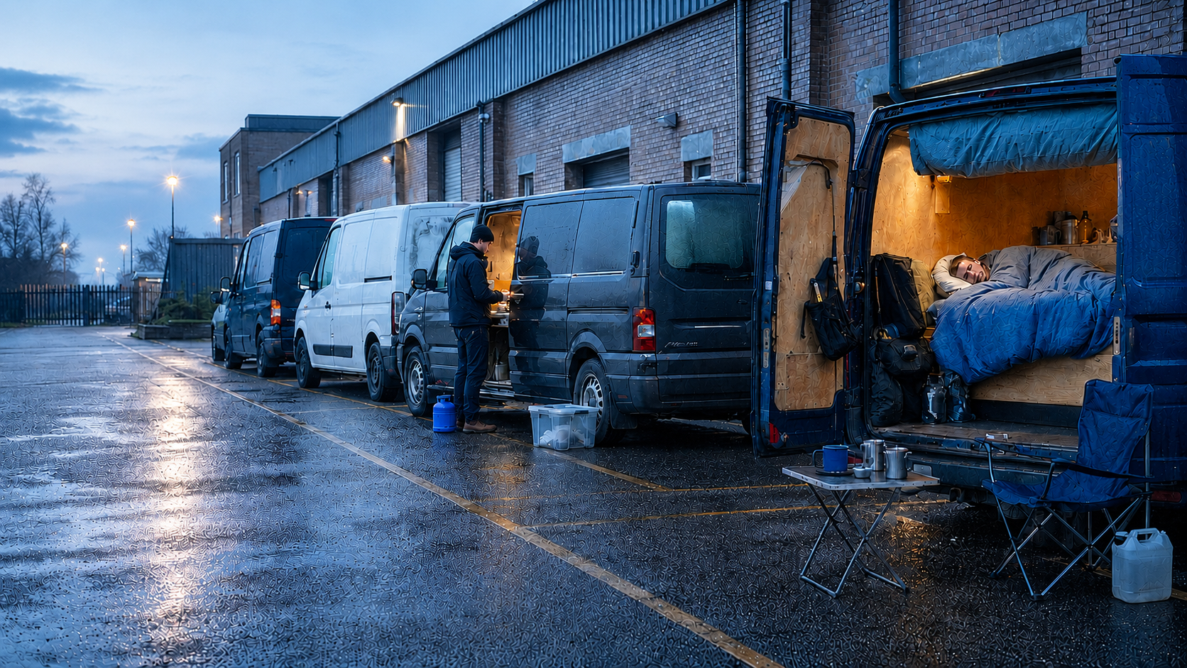 Illustration of occupied vans on a commercial site