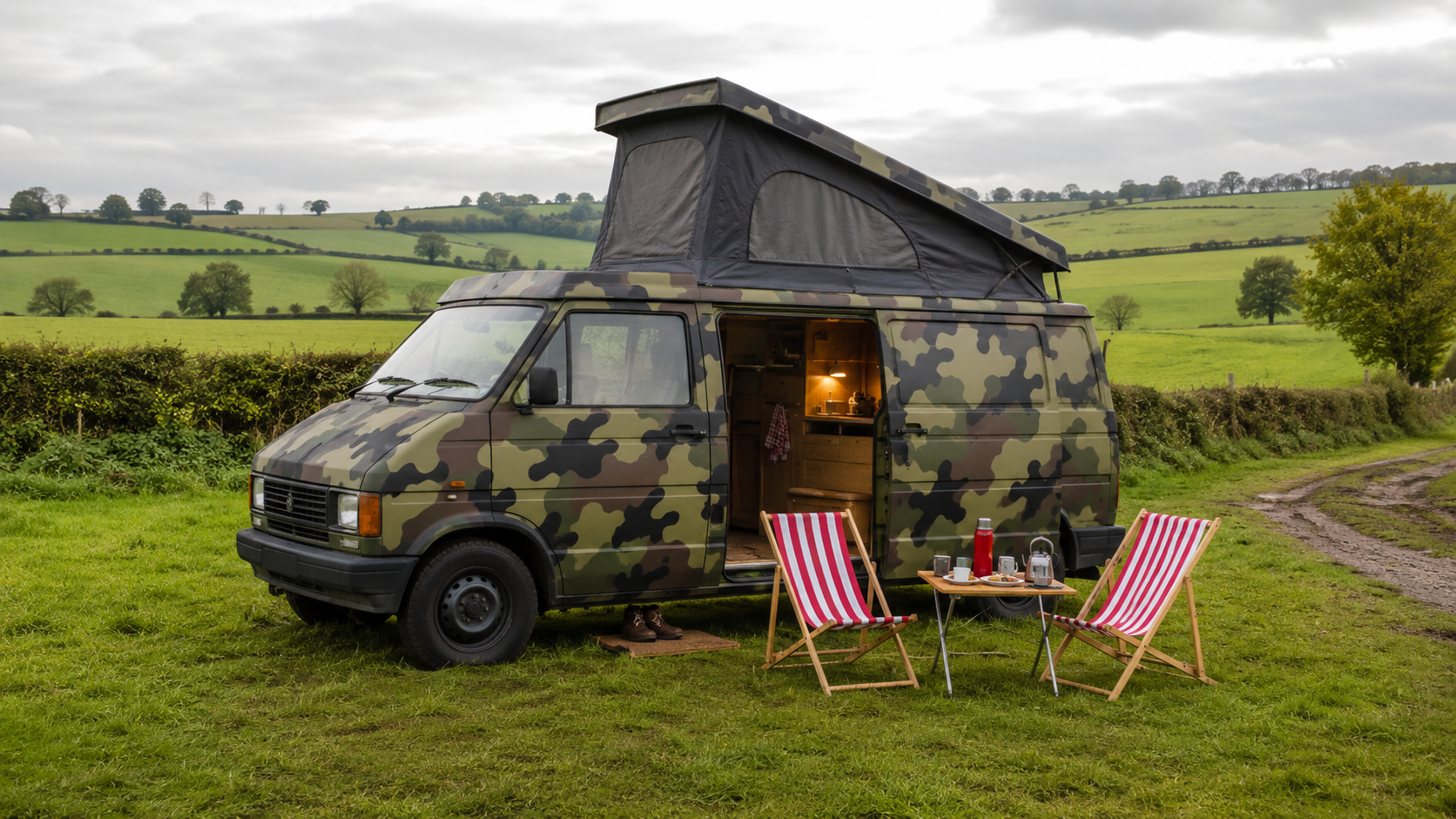 Camouflaged van with deck chairs illustrating the informal expression stealth camping