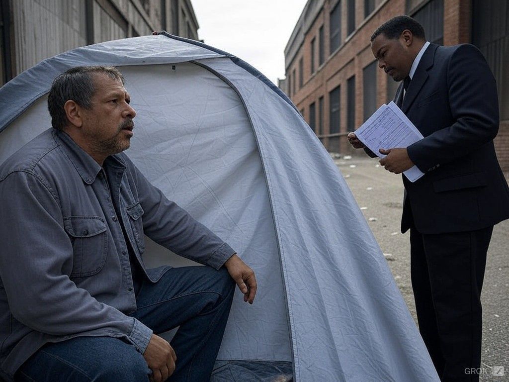 Bailiff speaking to rough sleeper near tent