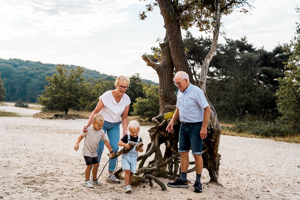 Grootouders en kleinkinderen verkennen een zandvlakte bij een grote boom.