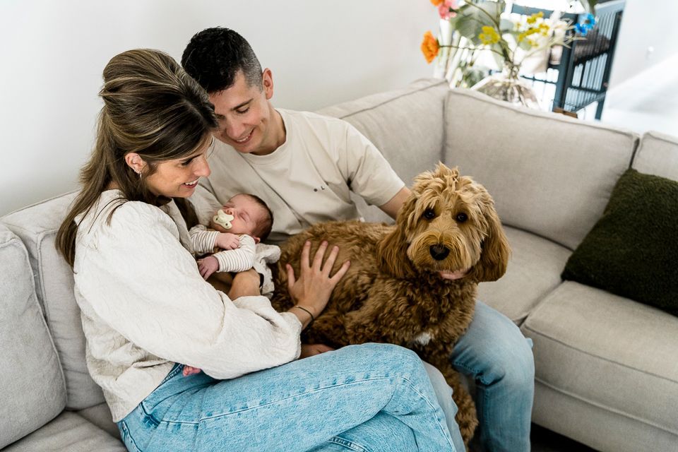 Een gezin op de bank met een pasgeboren baby en een bruine hond. Lachende, ontspannen gezichten in een huiselijke omgeving.