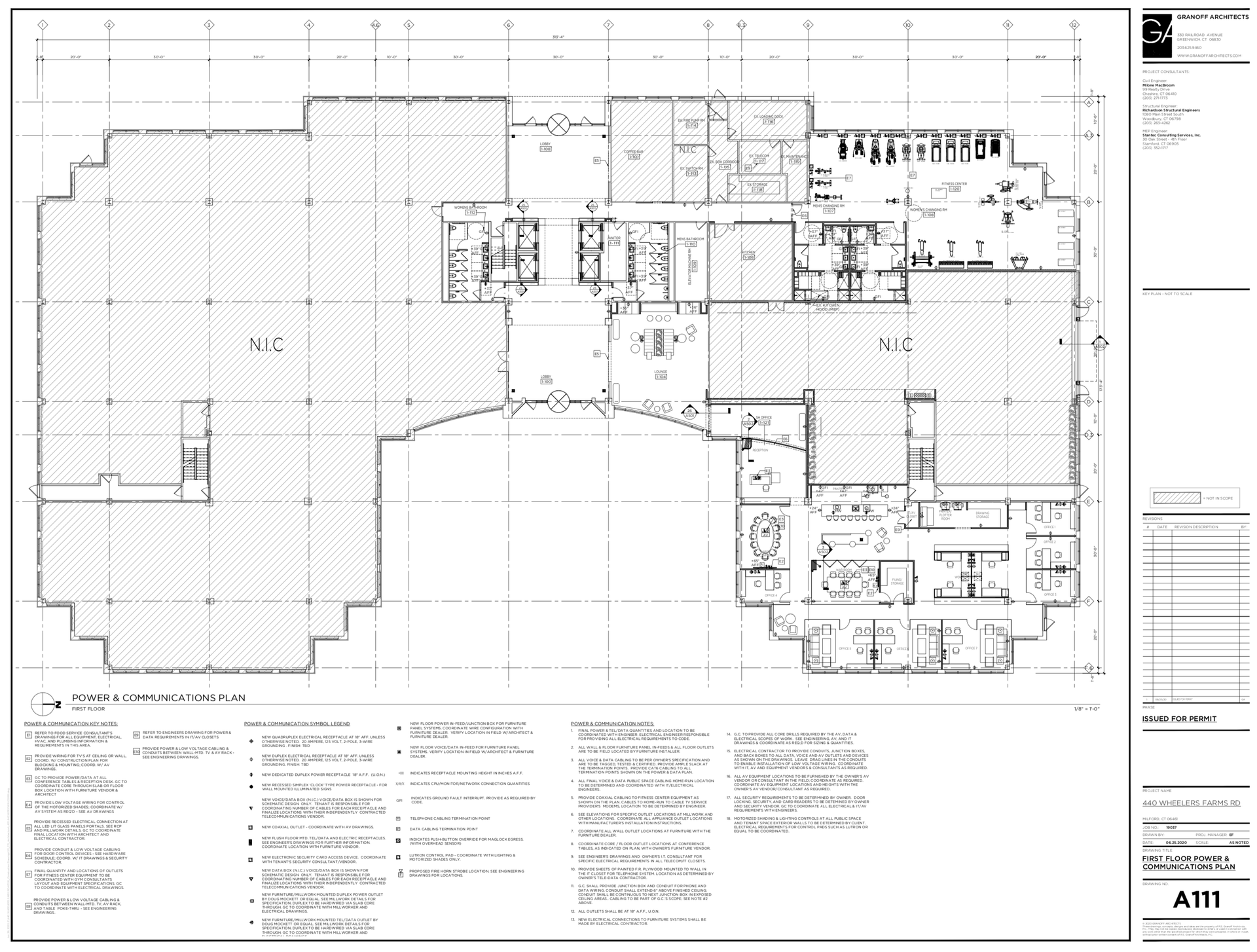 Architectural floor plan of a building, showing various rooms and spaces, with hatched areas and labels.
