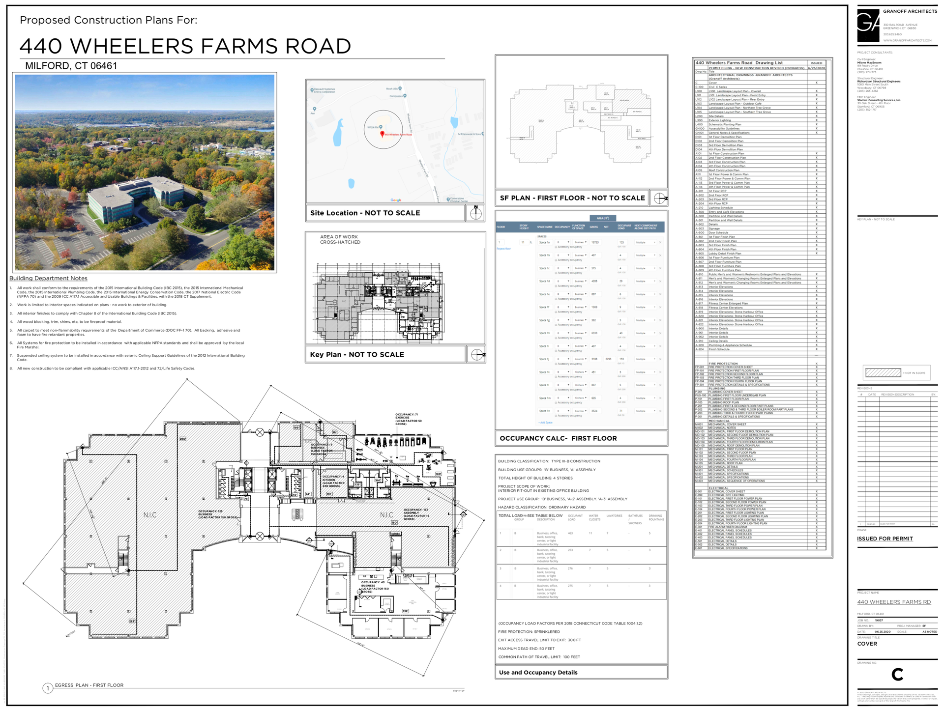 Layout of 440 Wheelers Farms Road, including building photos, site plan, and floor plans.