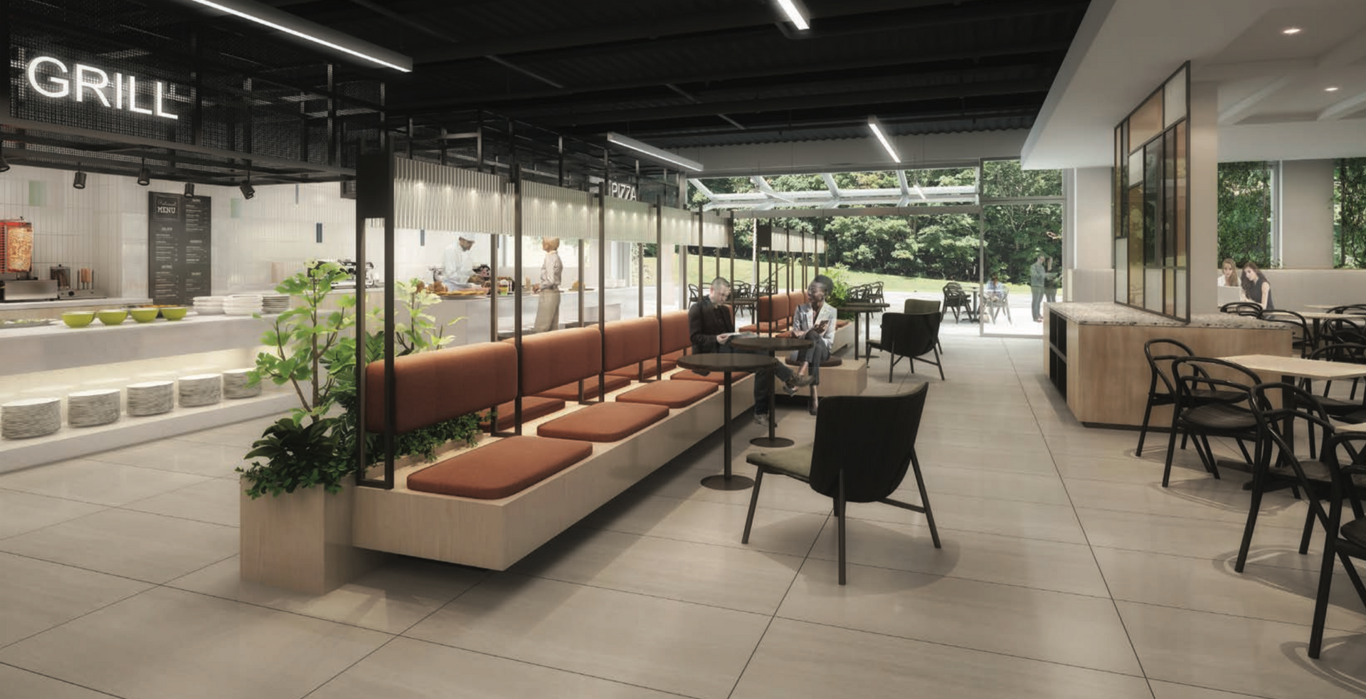 Restaurant interior with a grill, seating, and outdoor view. Includes counter with food, tables, and chairs.