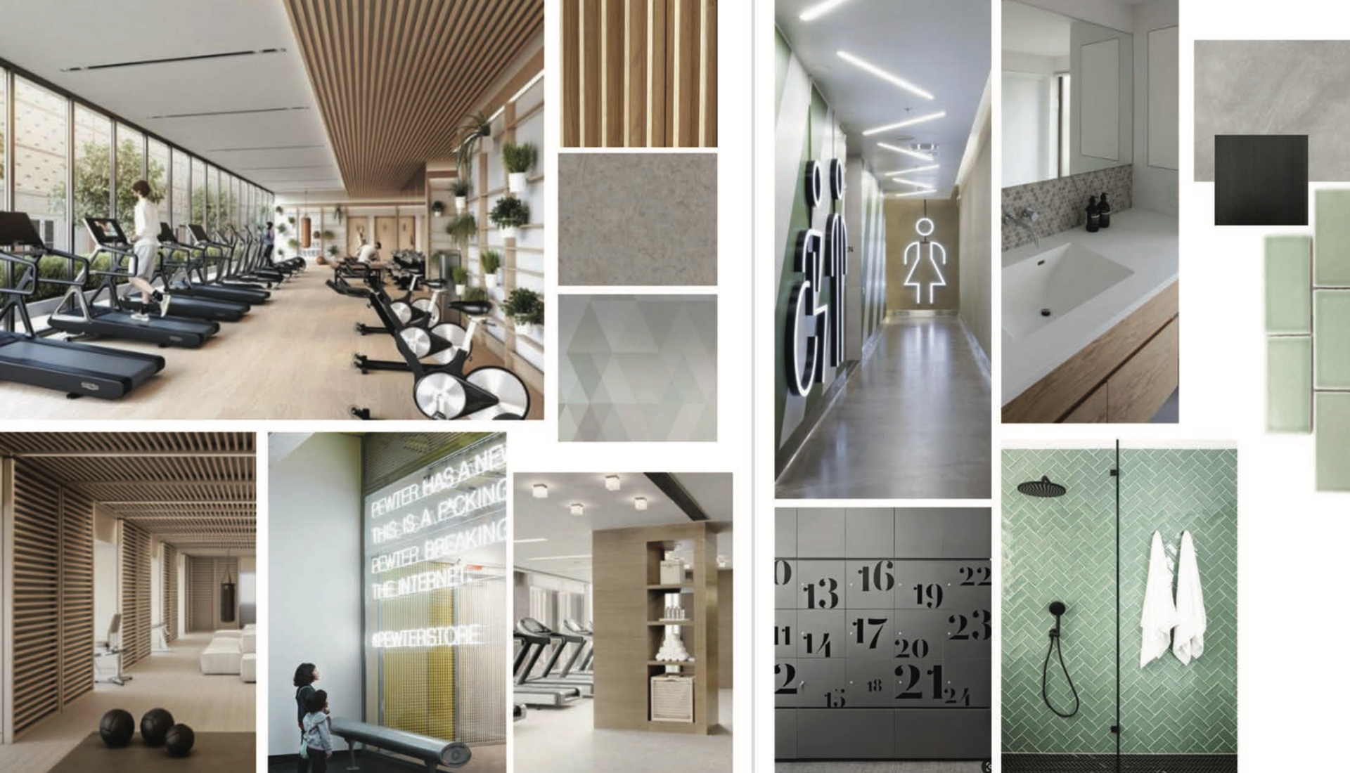 Mood board: gym interior design, beige and gray tones, wood accents, exercise equipment, showers, lockers, and a women's restroom.