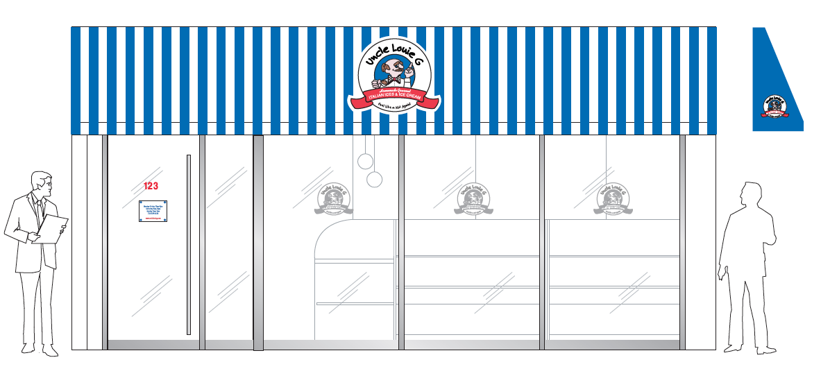 Storefront with blue and white striped awning and logo, glass windows, and sketched people.