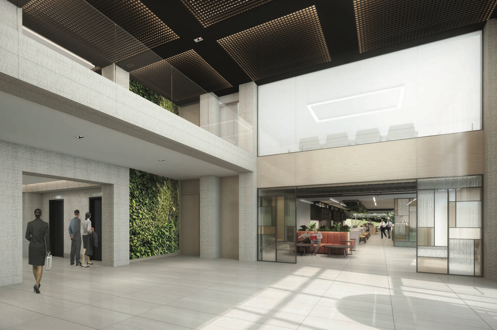 Modern office interior with open lobby, green wall, and people.