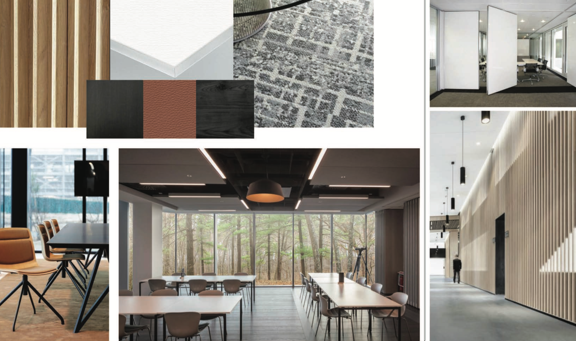 Mood board for an office space. Features wood panels, stone textures, and modern office interiors with natural light.