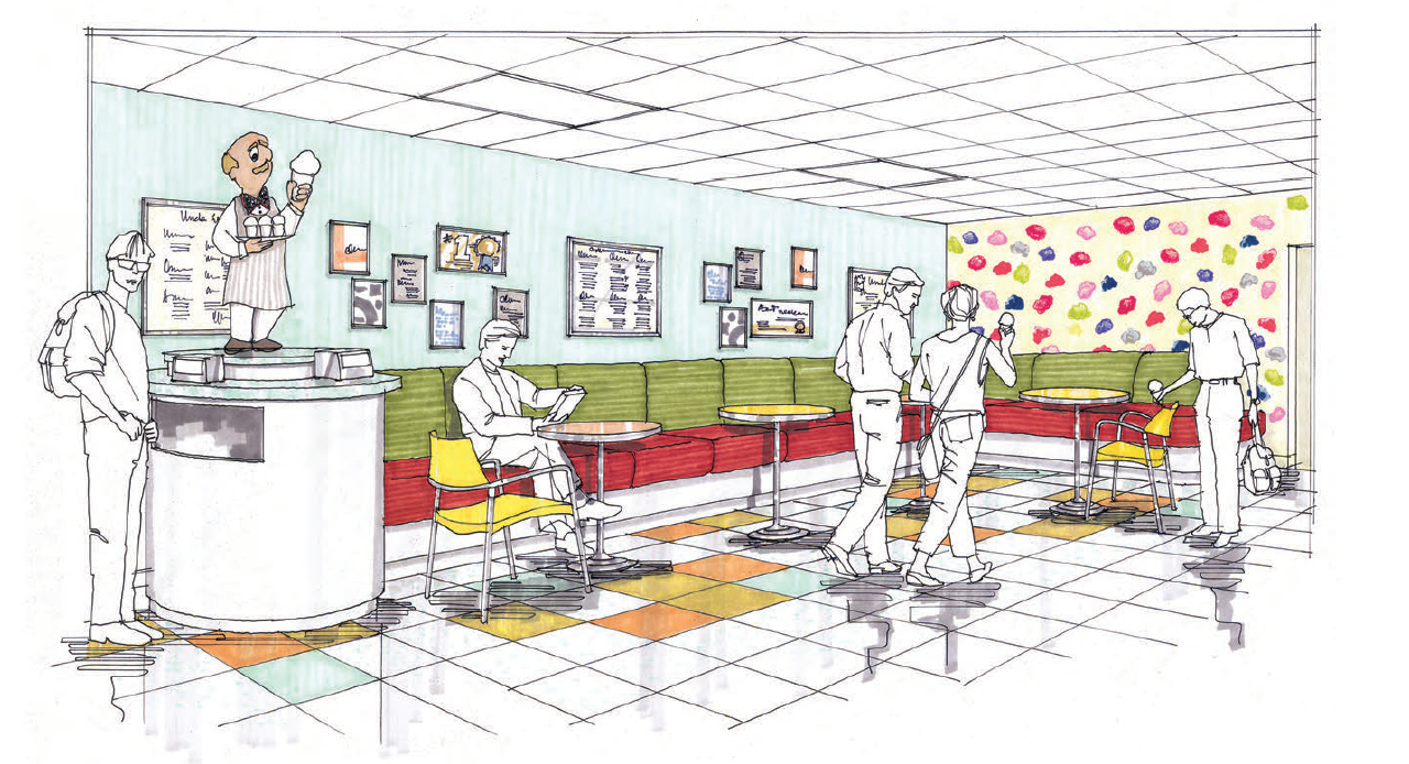 Interior rendering of a diner. People seated, standing, and interacting. Colorful decor with a pattern on the back wall.